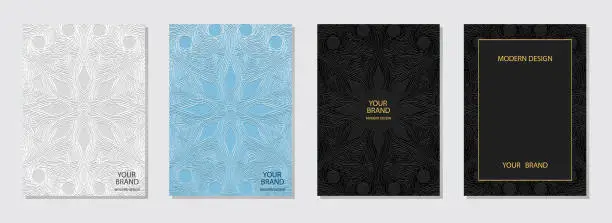 Vector illustration of Cover set, vertical templates. Collection of relief geometric backgrounds with 3D pattern, press paper. Tribal fantasy art of the East, Asia, India, Mexico, Aztecs.