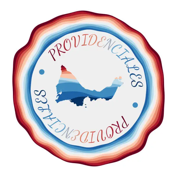 Vector illustration of Providenciales badge. Map of the island with beautiful geometric waves and vibrant red blue frame. Vivid round Providenciales logo. Vector illustration.