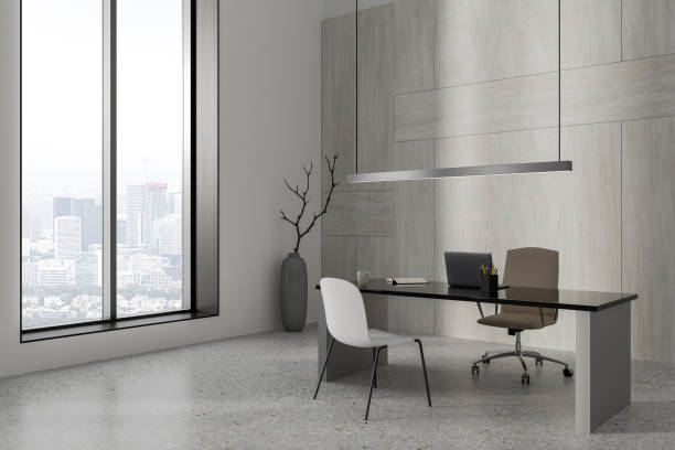istock Business office interior with ceo desk and laptop computer, panoramic window 1482635885