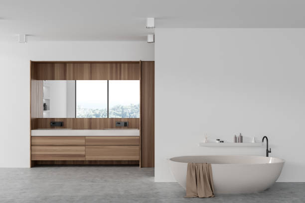 istock Luxury bathroom interior with double sink and tub, mockup wall 1482636023