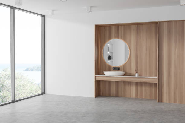 istock Light wooden bathroom interior with sink and panoramic window. Mockup wall 1482636495