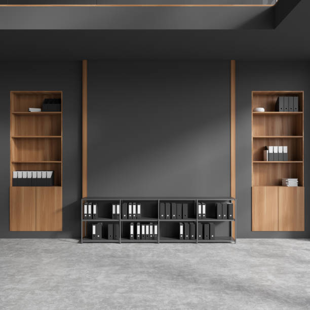 istock Office interior with sideboard and shelves with folders, mockup wall 1482636722