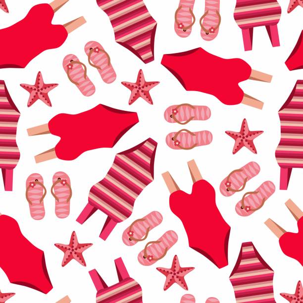 бесшовный красно-розовый рисунок. купальники, морские звезды и шлепанцы. - swimming trunks bikini swimwear red stock illustrations