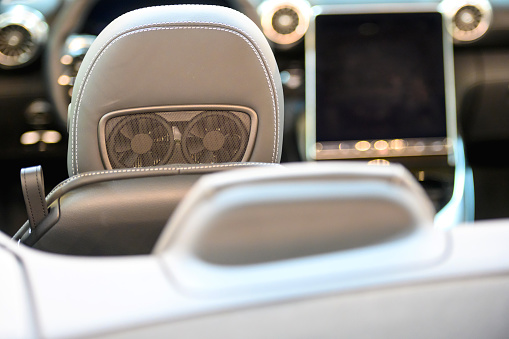 Interior of prestige luxury modern car, cooling for back seats passenger built into the headrests