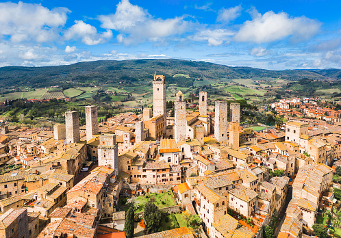 Aerial view of San Gimignano, UNESCO World Heritage Site, Siena, Tuscany, Italy