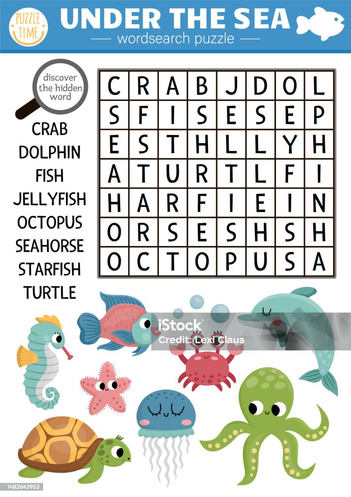 Vector Under The Sea Word Search Puzzle For Kids Simple Easy Ocean Life