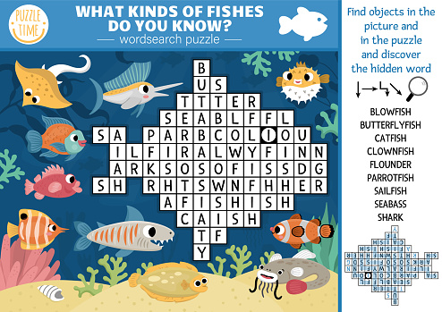 Vector under the sea word search puzzle for kids. Simple ocean life word search quiz for children. Water animals and fish educational activity. What kinds of fishes do you know