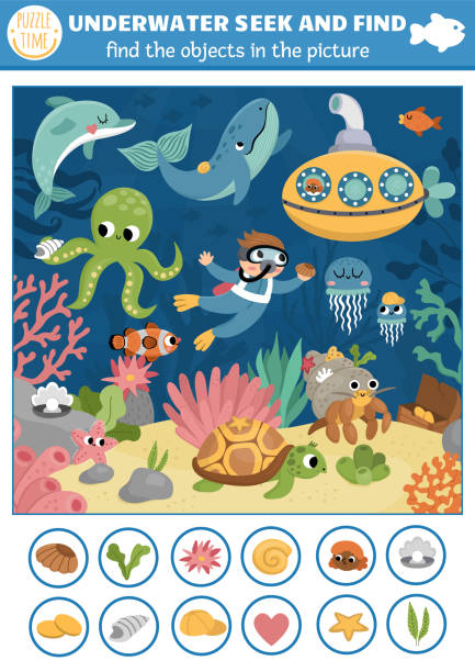istock Vector under the sea searching game with sea landscape, submarine, diver. Spot hidden objects in the picture. Simple ocean life seek and find educational printable activity for kids. Water animals hunt 1482643966