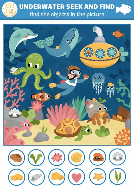 Vector illustration of Vector under the sea searching game with sea landscape, submarine, diver. Spot hidden objects in the picture. Simple ocean life seek and find educational printable activity for kids. Water animals hunt