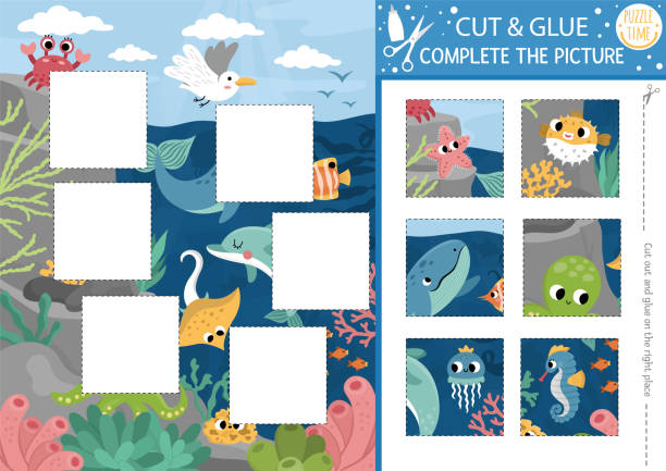 istock Vector under the sea cut and glue activity. Crafting game with cute water landscape, seagull. Fun ocean life printable worksheet for kids. Find the right piece of the puzzle. Complete the picture 1482643989
