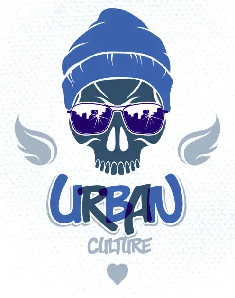 Vector illustration of Urban culture style skull in sunglasses vector logo or emblem, gangster or thug illustration, anarchy chaos hooligan, ghetto theme.