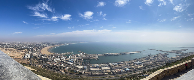 Morocco, Africa: aerial view of city skyline seen from the Kasbah of Agadir Oufla, a fort on the top of a mountain rising 236 meters above sea level in the north of the town near the port