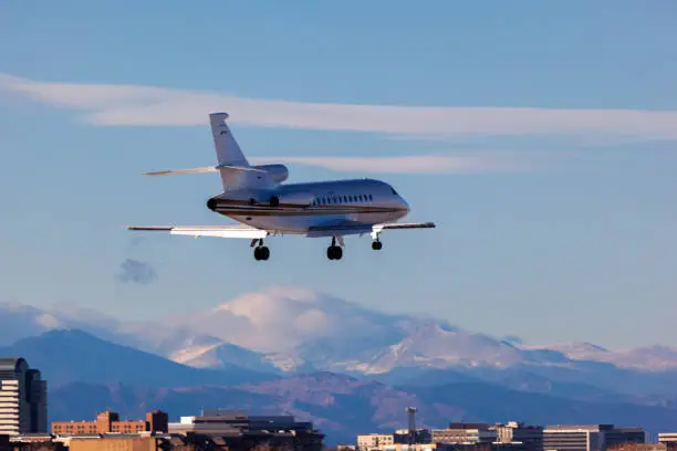 Dassault Falcon Landing Centennial, Co with Longs Peak in the backround.