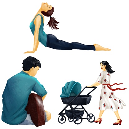 mother walking with stroller, man playing a guitar, woman doing a joga