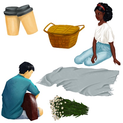 Black woman and Asian man having a picnic in a park with picnic basket, book, bouquet of flowers chamomile and picnic blanket