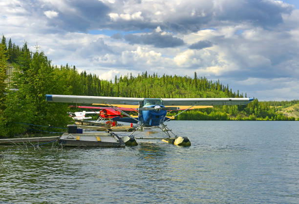 Hydroplanes on Lake Schwatka. Small seaplanes provide transport to the most remote places of Yukon, Canada