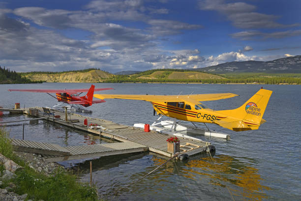 Hydroplanes on Lake Schwatka. Small seaplanes provide transport to the most remote places of Yukon, Canada