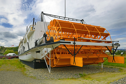 Klondike SS Sternwheel steamboat, picture of boat on bank of the river Yukon in Whitehorse – National historic site, Canada