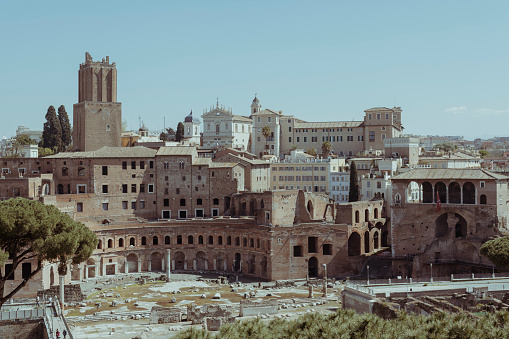 Rome, Italy. April 2023. Panoramic views of the archaeological areas of the city