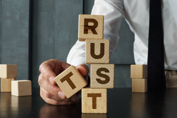 istock Build trust concept is shown using the text. Hand stacking wooden blocks with word trust 1482649678