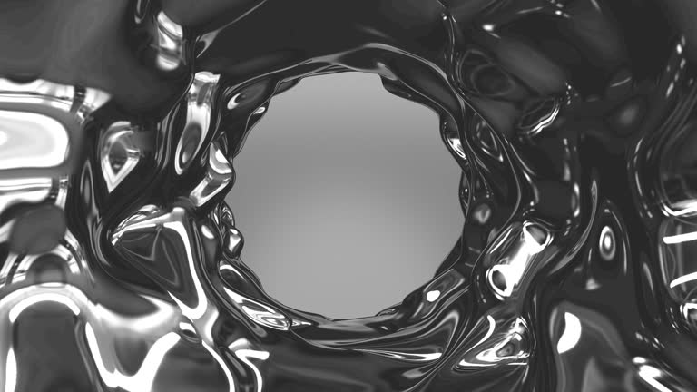 3d render of abstract art with surreal 3d organic alien ring or liquid substance in curve wavy smooth and soft bio forms in silver metal chrome material with glossy glass parts on grey background