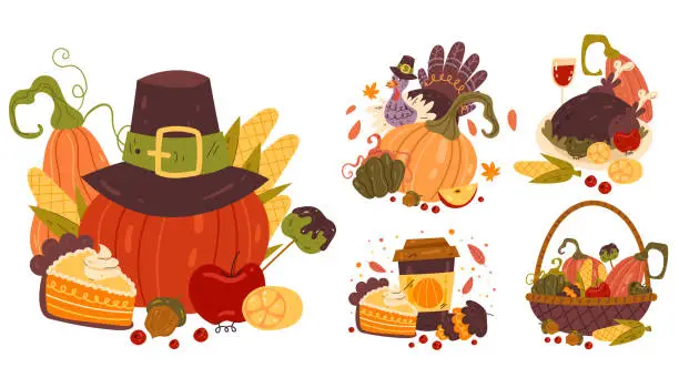 Vector illustration of Autumn thanksgiving harvest fall turkey isolated set. Vector cartoon graphic design element illustration