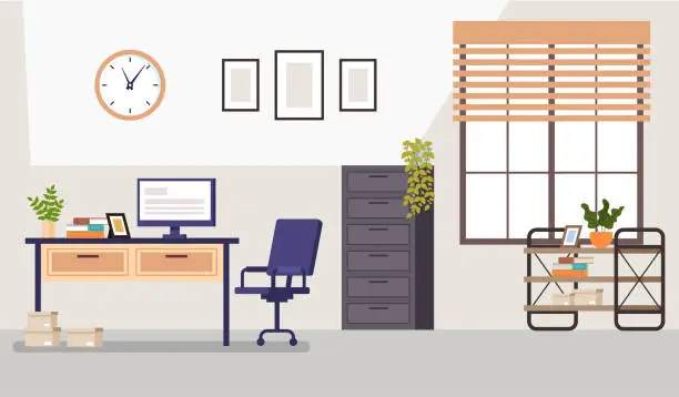 Vector illustration of Office interior space workspace modern desk concept. Vector cartoon graphic design element illustration