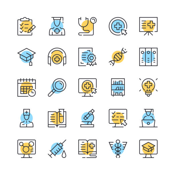 ilustrações de stock, clip art, desenhos animados e ícones de medical education line icons. set of medical training icons. black, blue and yellow colors. modern linear outline graphic design. vector line icons set - medical student healthcare and medicine book education