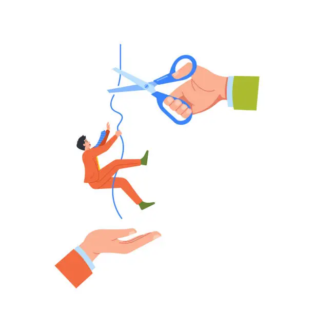 Vector illustration of Hand Holding Scissors Symbolically Cuts The String Binding A Businessman, Causing Him To Fall Into The Waiting Hand
