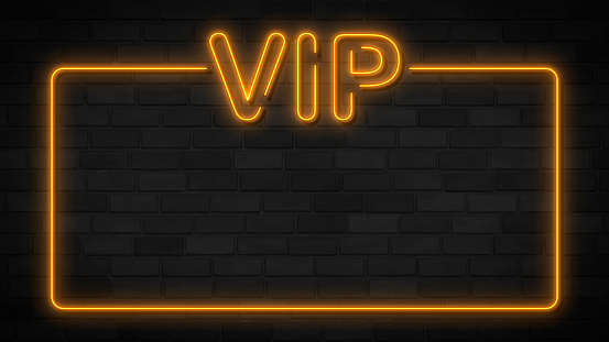 Realistic isolated neon sign of VIP frame logo for decoration and covering on the wall background. Concept of luxury and VIP.