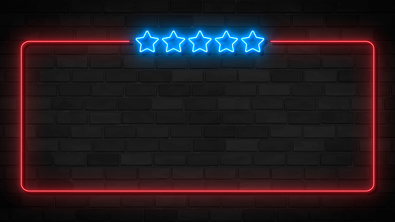 Realistic isolated neon sign of Five Stars frame logo for decoration and covering on the wall background.