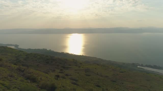 Panoramic aerial view of a lake in sunset, Sea of Galilee, Israel.