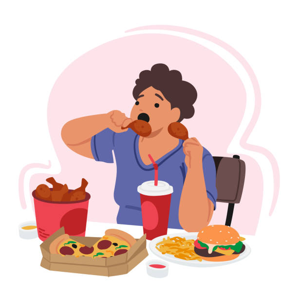 ilustraciones, imágenes clip art, dibujos animados e iconos de stock de el trastorno alimentario obsesivo lucha contra su adicción, usando la comida como un mecanismo de afrontamiento para su dolor emocional - comer demasiado