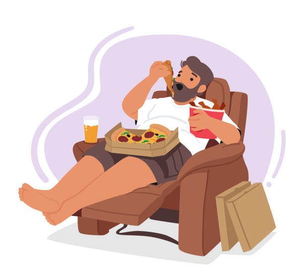 ilustraciones, imágenes clip art, dibujos animados e iconos de stock de el personaje del hombre con alimentación obsesiva se representa acostado en el sillón, consumiendo cantidades excesivas de comida rápida - modo de vida no saludable