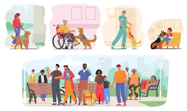 Vector illustration of Guide Dogs Offer Support And Independence To Characters With Visual Impairments, Leading Them Through Obstacles