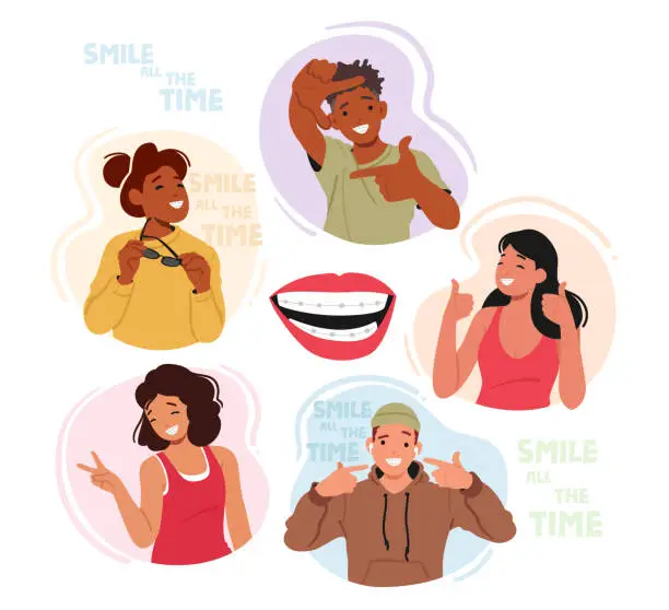 Vector illustration of Set Smiling Male and Female Characters With Braces Flash Their Smiles Confidently, Embracing Their Orthodontic Journey