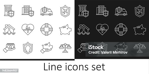 istock Set line Scales of justice, Piggy bank, Car with shield, Health insurance, House flood, Lifebuoy and icon. Vector 1482664907