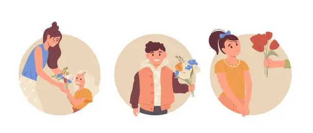 Vector illustration of Set of isolated round icons with happy people giving and getting flowers bouquet on holiday