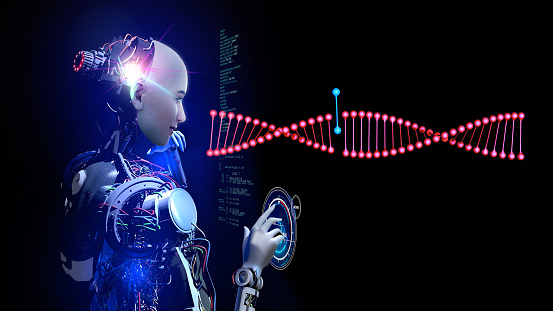 Cyborg Dna Artificial Intelligence Robot Examining Dna Model Stock Photo ...