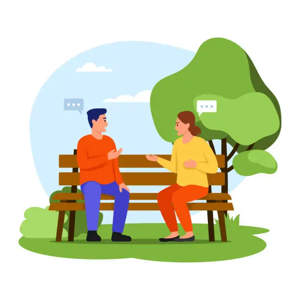 Vector illustration of Vector illustration couple sitting on a bench. Cartoon scene with a guy and girl sitting on park bench and talking on white background.