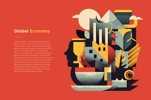 Illustration about global economy and business in the style of modern geometric cubism, environmental portraiture, warm tonal range, illustration, industrialization, strong use of negative space