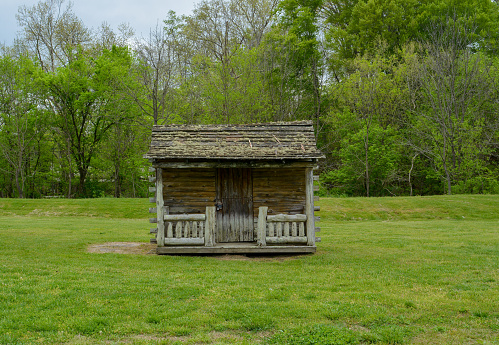 Cumberland Furnace, TN, 2023:  A second small log building stands next to Stark's cabin, associated with the first phase of Cumberland Furnace.