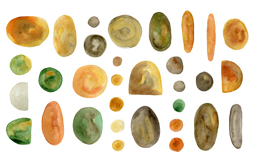 Watercolor set of earth colors brown, orange and green round shapes. Big collection of unique organic neutral color stains for pattern design, poster and banner decor, stickers, logo, collages