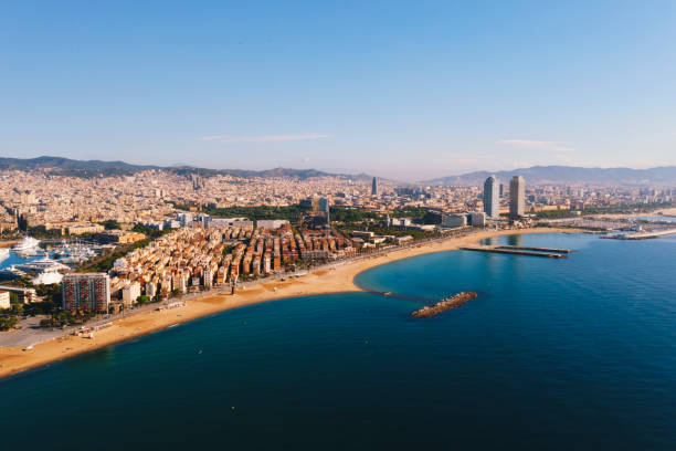 Aerial view of Ciutat Vella district with Barceloneta beach Spain stock photo