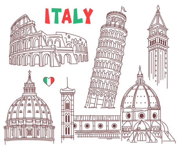 Italian architecture, landmarks and monuments - Colosseum, Tower of Pisa, St Peter's Basilica, St Mark's Campanile, Florence Cathedral Vector sketch drawing isolated on white background. Outline stroke is not expanded, stroke weight is editable campanile venice stock illustrations