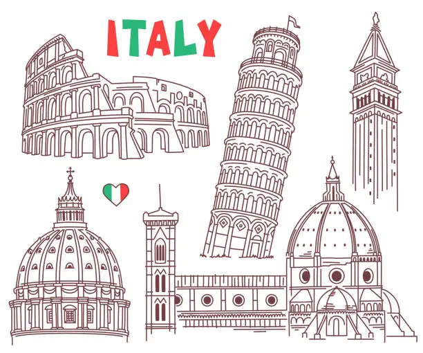 Vector illustration of Italian architecture, landmarks and monuments - Colosseum, Tower of Pisa, St Peter's Basilica, St Mark's Campanile, Florence Cathedral