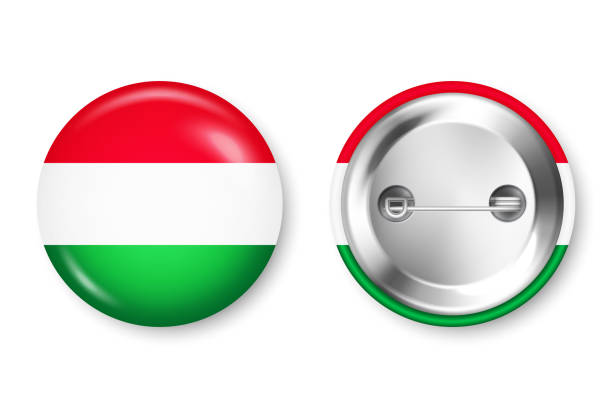 istock Realistic button badge with printed Hungarian flag. Souvenir from Hungary. Glossy pin badge with shiny metal clasp. Product mockup for advertising and promotion. Vector illustration 1482680241