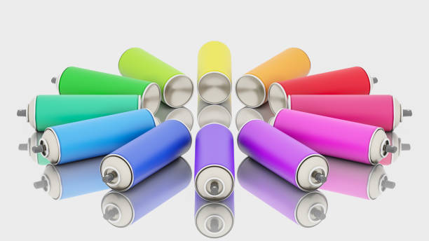 istock 3d rendering of colorful spray cans forming a chromatic circle, on white background. 1482682418