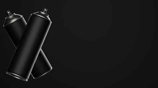 3d rendering of black spray cans on black background, with copy space.