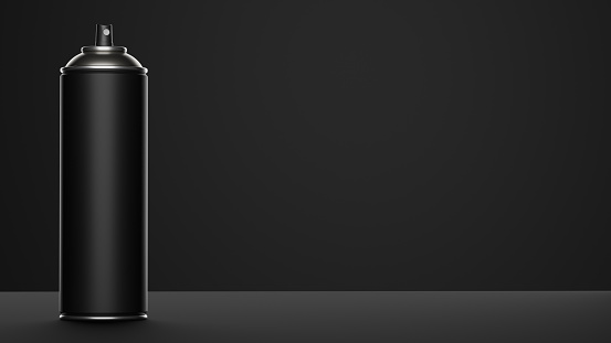 3d rendering of black spray can on black background, with copy space.
